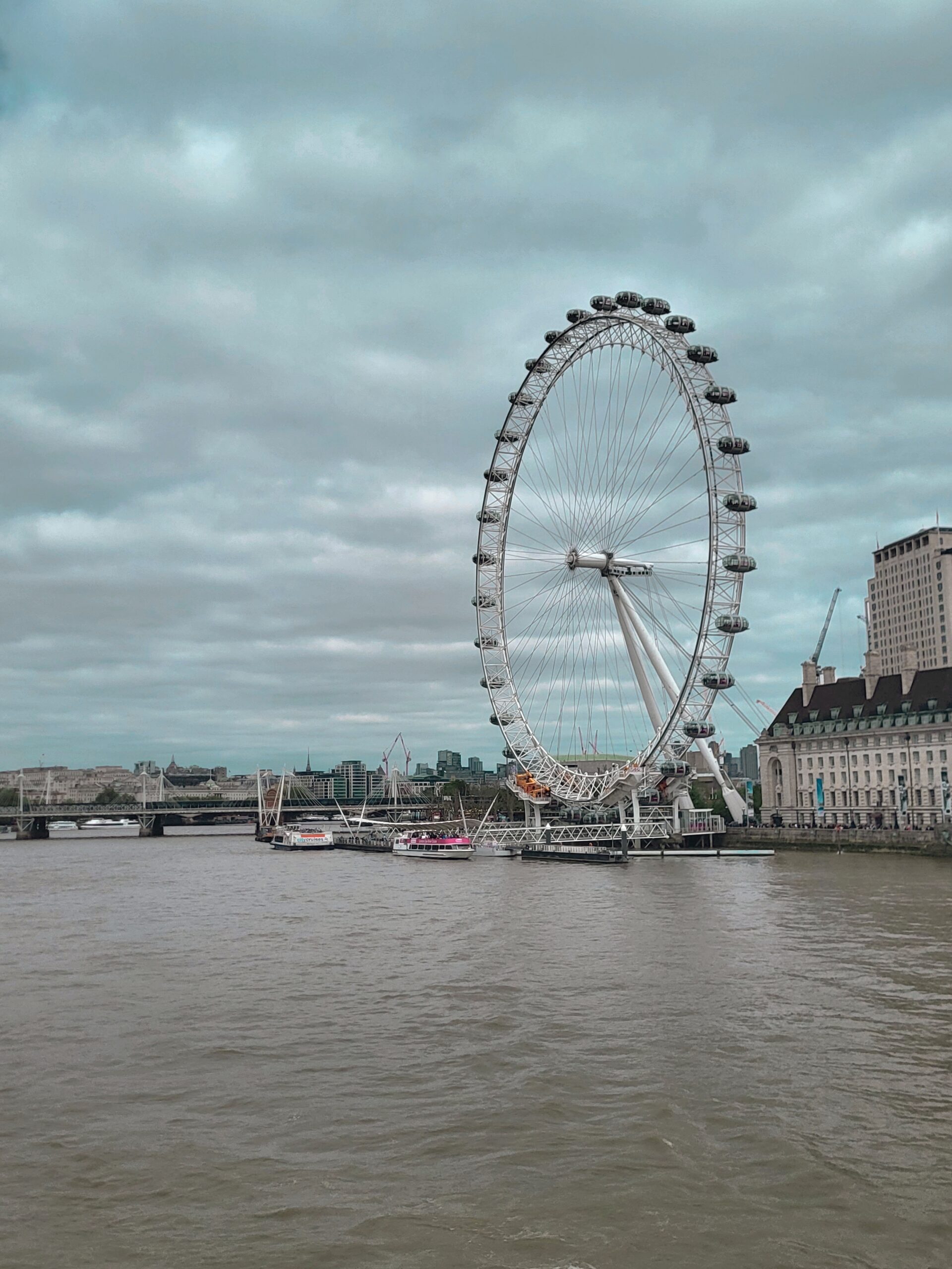 Impressive ground-level view of the London Eye, capturing the scale of the giant observation wheel against the sky — a must-see landmark on the South Bank of the River Thames.